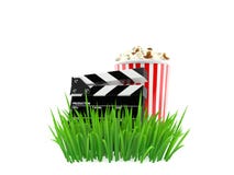 Попкорн и clapboard на траве иллюстрация штока Попкорн и clapboard на траве иллюстрация штока
