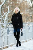 Портрет зимы: молодая белокурая женщина одела в ботинках голубых джинсов теплых шерстяных куртки длинных представляя снаружи в сн стоковые изображения rf Портрет зимы: молодая белокурая женщина одела в ботинках голубых джинсов теплых шерстяных куртки длинных представляя снаружи в сн стоковые изображения rf