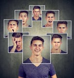 Портрет счастливого замаскированного молодого человека выражая различные эмоции стоковое фото Портрет счастливого замаскированного молодого человека выражая различные эмоции стоковое фото