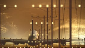 Посадка авиалайнера аэробуса A340-600 на авиапорте против красивого неба захода солнца Посадка авиалайнера аэробуса A340-600 на авиапорте против красивого неба захода солнца