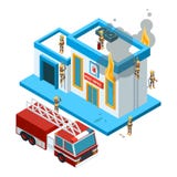 Построение в пламени равновеликом Пожарные на работе тушат огонь от шланга на векторе 3d города красного большого автомобиля горя иллюстрация вектора Построение в пламени равновеликом Пожарные на работе тушат огонь от шланга на векторе 3d города красного большого автомобиля горя иллюстрация вектора