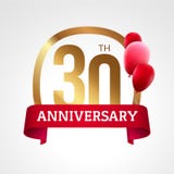 Празднующ 30 лет ярлыка годовщины золотого с лентой и воздушными шарами, шаблон вектора иллюстрация вектора Празднующ 30 лет ярлыка годовщины золотого с лентой и воздушными шарами, шаблон вектора иллюстрация вектора