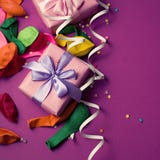Праздничная предпосылка фиолетового материального красочного confetti 2 лент воздушных шаров кладет космос в коробку экземпляра п стоковые изображения rf Праздничная предпосылка фиолетового материального красочного confetti 2 лент воздушных шаров кладет космос в коробку экземпляра п стоковые изображения rf