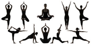 Представления йоги силуэта на белизну, тренировку положения Asana женщины стоковые изображения Представления йоги силуэта на белизну, тренировку положения Asana женщины стоковые изображения