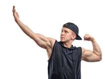 Представлять и выставки человека фитнеса Coutout подготовляют мышцы, бицепс Стоковая Фотография Представлять и выставки человека фитнеса Coutout подготовляют мышцы, бицепс Стоковая Фотография