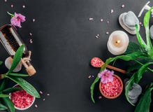 Предметы первой необходимости курорта включая свечу, соль, камни, масло и листья зеленого цвета Стоковое Изображение RF Предметы первой необходимости курорта включая свечу, соль, камни, масло и листья зеленого цвета Стоковое Изображение RF