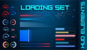 Предпосылка вектора баров загрузки элемента HUD футуристическая установленная Абстрактная большая иллюстрация монитора прогресса иллюстрация штока Предпосылка вектора баров загрузки элемента HUD футуристическая установленная Абстрактная большая иллюстрация монитора прогресса иллюстрация штока