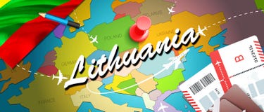 Предпосылка карты концепции перемещения Литвы с самолетами, билетами Перемещение Литвы посещения и концепция назначения туризма Л иллюстрация штока Предпосылка карты концепции перемещения Литвы с самолетами, билетами Перемещение Литвы посещения и концепция назначения туризма Л иллюстрация штока