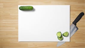 Прерванные куски огурца с острым ножом на белой бумаге на деревянной предпосылке стоковые изображения rf Прерванные куски огурца с острым ножом на белой бумаге на деревянной предпосылке стоковые изображения rf