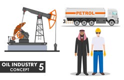Принципиальная схема нефтедобывающей промышленности Детальная иллюстрация людей тележки, масляного насоса, бизнесмена, инженера и иллюстрация штока Принципиальная схема нефтедобывающей промышленности Детальная иллюстрация людей тележки, масляного насоса, бизнесмена, инженера и иллюстрация штока