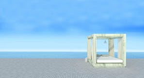 Пристаньте салон к берегу с sundeck на виде на море и голубом небе background-3d иллюстрация вектора Пристаньте салон к берегу с sundeck на виде на море и голубом небе background-3d иллюстрация вектора