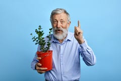 Приятный счастливый человек указывая вверх пока держащ busket с цветком стоковое фото Приятный счастливый человек указывая вверх пока держащ busket с цветком стоковое фото