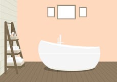 Провансальский bathroom стиля с модной ванной, шкаф для полотенец и косметики, картины на стене Деревянные планки на иллюстрация штока Провансальский bathroom стиля с модной ванной, шкаф для полотенец и косметики, картины на стене Деревянные планки на иллюстрация штока