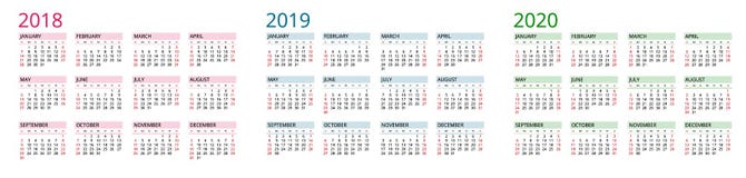 Простой шаблон календаря на 2018, 2019 и 2020 Неделя начинает от воскресенья Плоская иллюстрация вектора цвета стиля yearly бесплатная иллюстрация Простой шаблон календаря на 2018, 2019 и 2020 Неделя начинает от воскресенья Плоская иллюстрация вектора цвета стиля yearly бесплатная иллюстрация