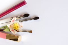 Профессиональные щетки инструментов макияжа, тени глаза, lipgloss, цветки плоско кладут космос экземпляра состава на белую предпо стоковые фото Профессиональные щетки инструментов макияжа, тени глаза, lipgloss, цветки плоско кладут космос экземпляра состава на белую предпо стоковые фото