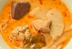 Пряный кипеть всход замаринованный куском бамбуковый с цыпленком и кровь в супе карри молока кокоса на шаре стоковая фотография rf Пряный кипеть всход замаринованный куском бамбуковый с цыпленком и кровь в супе карри молока кокоса на шаре стоковая фотография rf