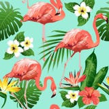 Птица фламинго и тропическая предпосылка цветков - безшовная картина иллюстрация вектора Птица фламинго и тропическая предпосылка цветков - безшовная картина иллюстрация вектора