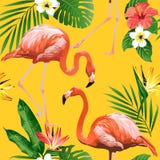 Птица фламинго и тропическая предпосылка цветков - безшовная картина иллюстрация вектора Птица фламинго и тропическая предпосылка цветков - безшовная картина иллюстрация вектора