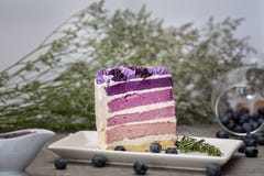 Пурпурный торт с лимоном Buttercream отрезан в мини индивидуальные торты, украсил со свежими ежевиками, для красивого и вкусный стоковое изображение Пурпурный торт с лимоном Buttercream отрезан в мини индивидуальные торты, украсил со свежими ежевиками, для красивого и вкусный стоковое изображение