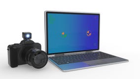 Работающ камеру экранируйте как вопрос компьютера, перевод 3d стоковое фото Работающ камеру экранируйте как вопрос компьютера, перевод 3d стоковое фото