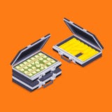 Равновеликие открытые портфели с золотыми барами и иллюстрация штока Равновеликие открытые портфели с золотыми барами и иллюстрация штока