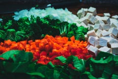 Различные типы отрезанных овощей с кубическим сыром на стороне стоковая фотография rf Различные типы отрезанных овощей с кубическим сыром на стороне стоковая фотография rf