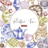 Рамка винтажной еды вектора круглая, объекты завтрака, взгляд сверху еды иллюстрация вектора Рамка винтажной еды вектора круглая, объекты завтрака, взгляд сверху еды иллюстрация вектора