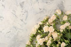 Рамка красивых мини роз на светлой конкретной предпосылке красивейшие цветки праздники над взглядом стоковое изображение rf Рамка красивых мини роз на светлой конкретной предпосылке красивейшие цветки праздники над взглядом стоковое изображение rf