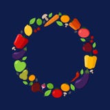 Рамка круга вектора фрукта и овоща на темной предпосылке Современные плоские иллюстрации Здоровый дизайн еды иллюстрация вектора Рамка круга вектора фрукта и овоща на темной предпосылке Современные плоские иллюстрации Здоровый дизайн еды иллюстрация вектора
