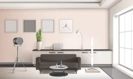 Реалистический дизайн 3D живущей комнаты внутренний иллюстрация вектора Реалистический дизайн 3D живущей комнаты внутренний иллюстрация вектора