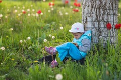 Ребенок маленькой девочки в поле с зеленой травой и зацветая тюльпаном стоковое изображение rf Ребенок маленькой девочки в поле с зеленой травой и зацветая тюльпаном стоковое изображение rf
