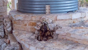 Рифленый стальной бак для хранения воды поверх структуры masonry flagstone, с небольшим каменным фонтаном во фронте стоковая фотография Рифленый стальной бак для хранения воды поверх структуры masonry flagstone, с небольшим каменным фонтаном во фронте стоковая фотография
