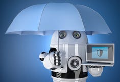 робот 3d с зонтиком и компьтер-книжкой Принципиальная схема защиты данных изолировано Содержит путь клиппирования иллюстрация штока робот 3d с зонтиком и компьтер-книжкой Принципиальная схема защиты данных изолировано Содержит путь клиппирования иллюстрация штока