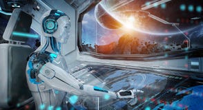 Робот в диспетчерском пункте летая белый современный космический корабль с взглядом окна на переводе космоса 3D бесплатная иллюстрация Робот в диспетчерском пункте летая белый современный космический корабль с взглядом окна на переводе космоса 3D бесплатная иллюстрация