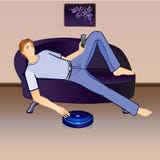 Робот пылесос и отдыхая парень Человек на кресле Работая пылесос Конец-вверх иллюстрация вектора Робот пылесос и отдыхая парень Человек на кресле Работая пылесос Конец-вверх иллюстрация вектора