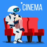Робот сидит на стуле в кино в стеклах 3D и держит попкорн в векторе рук изолированная иллюстрация руки кнопки нажимающ женщину ст иллюстрация штока Робот сидит на стуле в кино в стеклах 3D и держит попкорн в векторе рук изолированная иллюстрация руки кнопки нажимающ женщину ст иллюстрация штока
