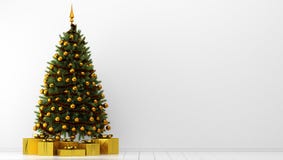 Рождественская елка с подарочными коробками в белой комнате illus 3d иллюстрация штока Рождественская елка с подарочными коробками в белой комнате illus 3d иллюстрация штока