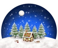 Рождественские елки розвальней Gingerbreadhouse в снежном ландшафте под голубое nightsky с хлопьями луны и снега иллюстрация штока Рождественские елки розвальней Gingerbreadhouse в снежном ландшафте под голубое nightsky с хлопьями луны и снега иллюстрация штока