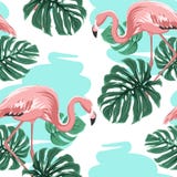 Розовые фламинго, голубое озеро, monstera покидают картина иллюстрация вектора Розовые фламинго, голубое озеро, monstera покидают картина иллюстрация вектора