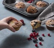 Рука голубики булочек redberry домодельным испеченная тортом стоковое фото rf Рука голубики булочек redberry домодельным испеченная тортом стоковое фото rf