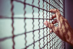 Рука пленника держа деревенскую загородку металла с тенью картины, уголовное запертым в тюрьме, мечте концепции свободы стоковое изображение Рука пленника держа деревенскую загородку металла с тенью картины, уголовное запертым в тюрьме, мечте концепции свободы стоковое изображение