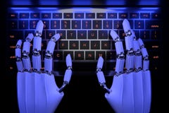 Руки робота печатая на кнопочной панели Робототехническая рука киборга используя компьютер клавиатуры 3d представляют реалистичес иллюстрация вектора Руки робота печатая на кнопочной панели Робототехническая рука киборга используя компьютер клавиатуры 3d представляют реалистичес иллюстрация вектора