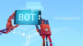 Руки средства болтовни используя телефон клетки умный, помощь робота виртуальная вебсайта или передвижные применения, искусственн иллюстрация штока Руки средства болтовни используя телефон клетки умный, помощь робота виртуальная вебсайта или передвижные применения, искусственн иллюстрация штока