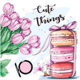 Сладостный красочный комплект с французскими macaroons и цветками эскиз иллюстрация вектора Сладостный красочный комплект с французскими macaroons и цветками эскиз иллюстрация вектора