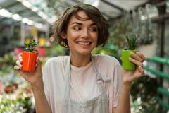 Садовник женщины стоя над заводами цветков в парнике держа заводы стоковые фотографии rf Садовник женщины стоя над заводами цветков в парнике держа заводы стоковые фотографии rf