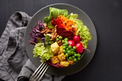 Салат шара Будды, здоровых и питательного с разнообразие овощами, гайками и едой сыра тофу, очень вкусного и питательного vegan стоковое изображение Салат шара Будды, здоровых и питательного с разнообразие овощами, гайками и едой сыра тофу, очень вкусного и питательного vegan стоковое изображение