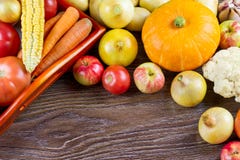Сбор благодарения овощей осени, сырцовые здоровые натуральные продукты на деревянной предпосылке Стоковое Изображение Сбор благодарения овощей осени, сырцовые здоровые натуральные продукты на деревянной предпосылке Стоковое Изображение
