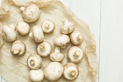 Свежо скомплектовал champignons грибов фермы на белой пергаментной бумаге органические овощи стоковое изображение Свежо скомплектовал champignons грибов фермы на белой пергаментной бумаге органические овощи стоковое изображение