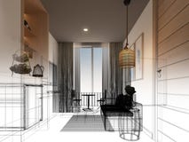 Сделайте эскиз к дизайну внутренней живущей комнаты, 3d Стоковое Фото Сделайте эскиз к дизайну внутренней живущей комнаты, 3d Стоковое Фото