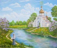 Сельский ретро, старый ландшафт с рекой и православная церков церковь Россия картина масла первоначально Картина автора s бесплатная иллюстрация Сельский ретро, старый ландшафт с рекой и православная церков церковь Россия картина масла первоначально Картина автора s бесплатная иллюстрация